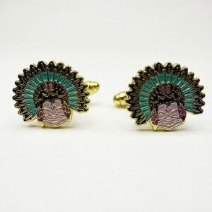 Chief Headdress Cufflinks Gold Tone Enamel Native American Inspired Jewelry